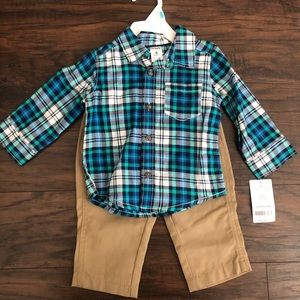Blue Checkered long sleeve and khaki bottoms 6mos